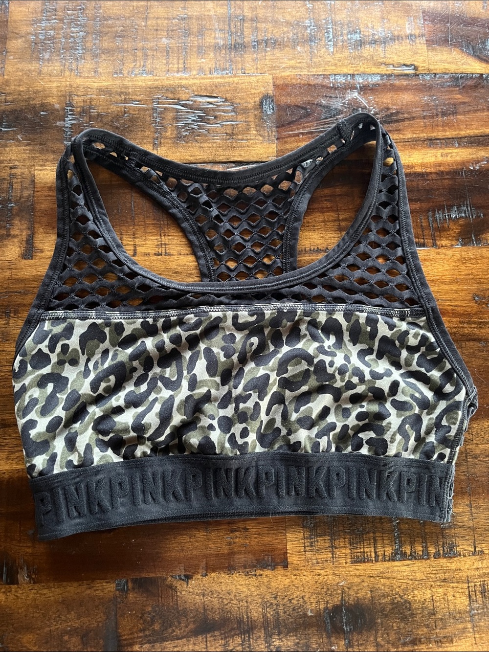 PINK Victoria's Secret Olive Green Leopard Mesh-Back Sports Bralette